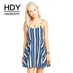 HDY Haoduoyi бренд 2018 Полосатое мини-платье без рукавов женское с открытыми плечами с открытой спиной женское ТРАПЕЦИЕВИДНОЕ летнее