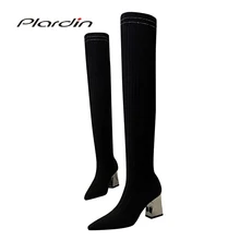 Plardin/зимние выразительные модные женские туфли-лодочки Женские Сапоги выше колена на тонком каблуке из блестящей шерстяной ткани женские ботинки