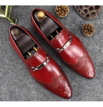 

Red Retro Man Wedding Oxfords Shoes Slip On Italy Male Real Leather Martin Runway Shoes Fashion Men Barque Sapatos Hombre Shoes
