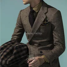 Two Piece Double Breasted Wedding Men Suits Tweed Notched Lapel Groom Tuxedos Jacket Pants Male Blazer Latest Style