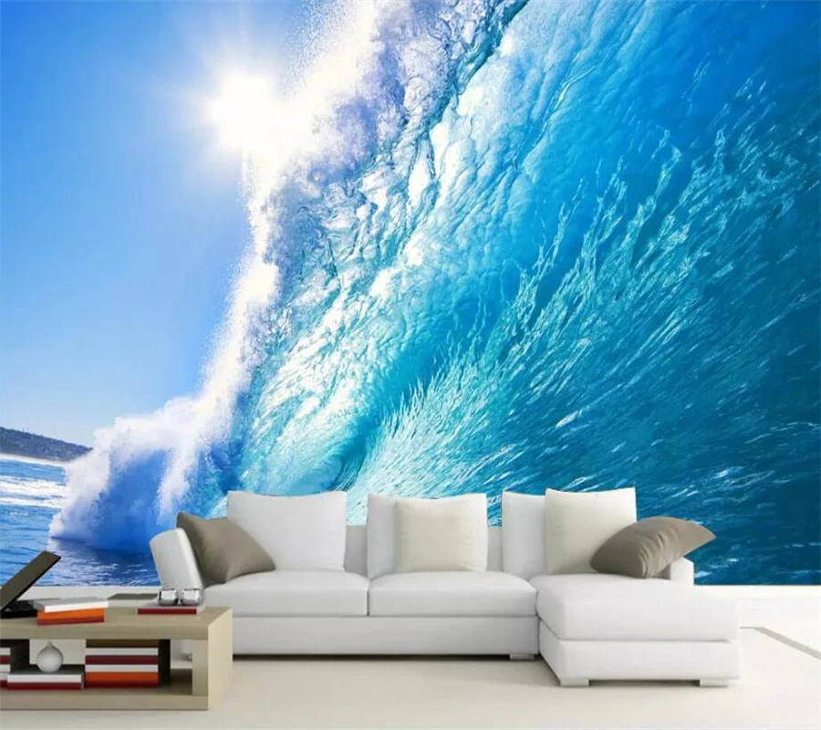 

beibehang Custom wallpaper 3d mural dreams shocking blue waves dazzling sunlight naked eyes sofa background wall paper 3d mural