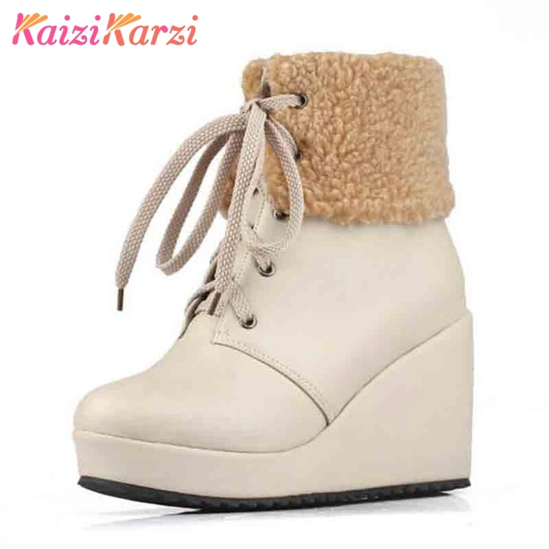 

KaiziKarzi Platform Shoes Fur Women Wedges High Heels Ankle Boots Women Shoes Plush Fur Winter Snow Boots Women Shoes Size 33-43