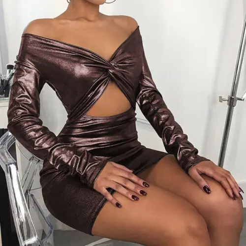 

New Women Bronzing Laser Long Sleeve Bodycon MIni Dress 2019 long sleeve blouses shirts vintage above knee mini vestidos S-3XL