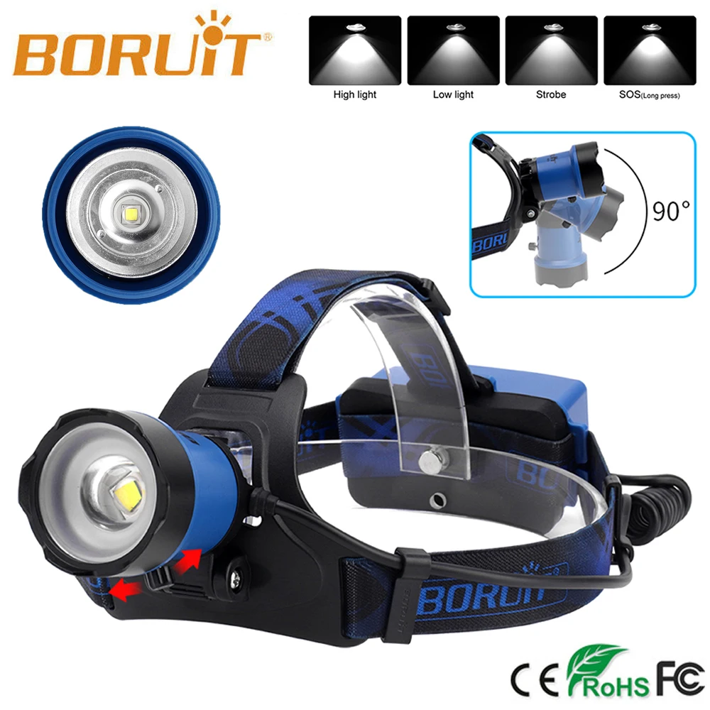 Green BORUiT Upgrated B21 Battery Powered 3 LED Micro USB Headlamp,4 Modes Zoomable Headlight 6000 Lumens with SOS Whistle for Hiking,Camping,Running,18650 PCB Batteries Included