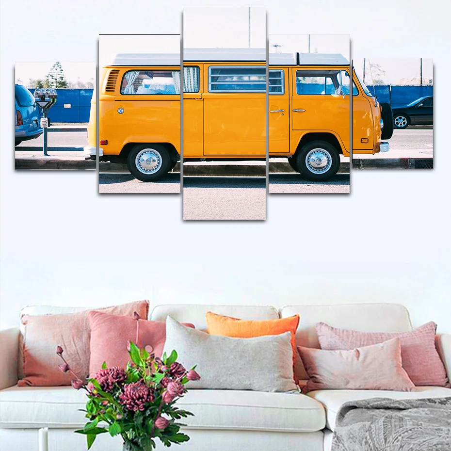 

Yellow bus travel 5 pieces nordic wall art poster HD prints modular canvas painting modern picture artwork murals wall charts
