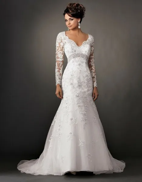 

free shipping 2013 bridal sash belt New White/ivory Long Sleeves Organza Wedding Dresses lace Bridal Gown Custom Sizelace