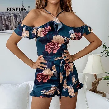 

ELSVIOS Ruffle Floral Print Boho Short Jumpsuit Backless Sashes Beach Wear Overalls Women Sexy Halter Off Shoulder Summer Romper