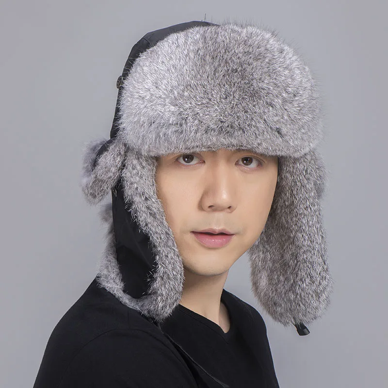 rabbit fur trapper hat grey black 3