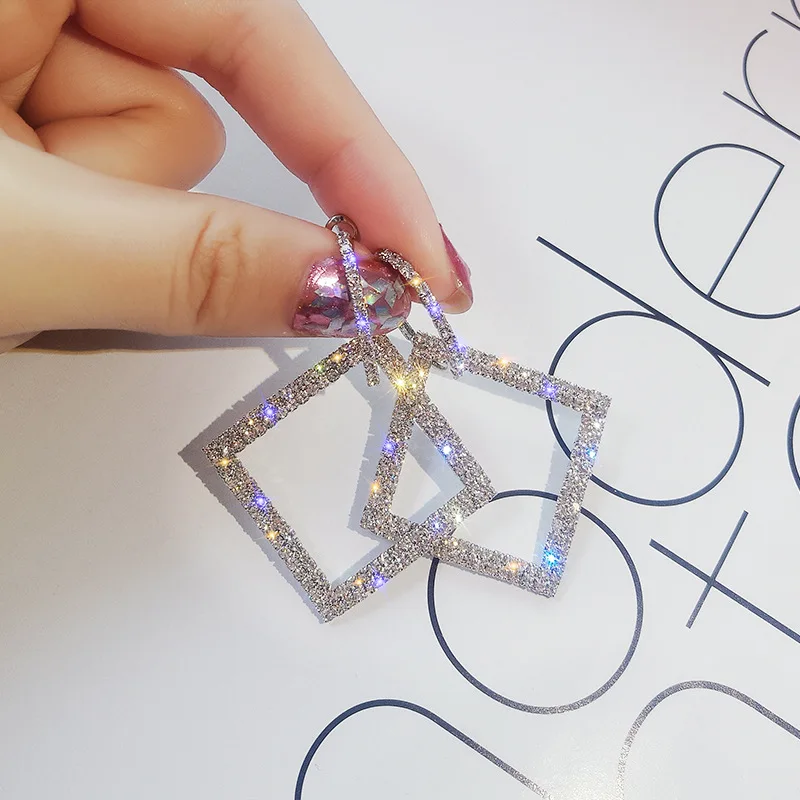

Shiny Rhinestone Geometric Earrings For Women Girls Gold/Silver Square Dangle Earring Party Jewelry gifts Wholesale