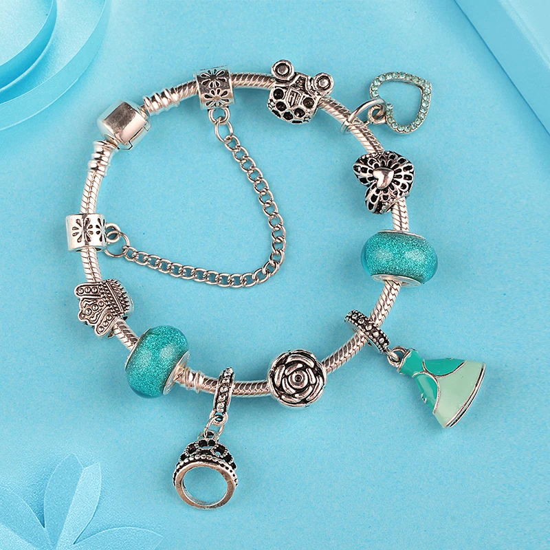 

Simple Fashion Blue Crystal Princess Dress Heart Pendants Charm Pandora Bracelet Bangle for Women Diy Bead Silver Color Bracelet