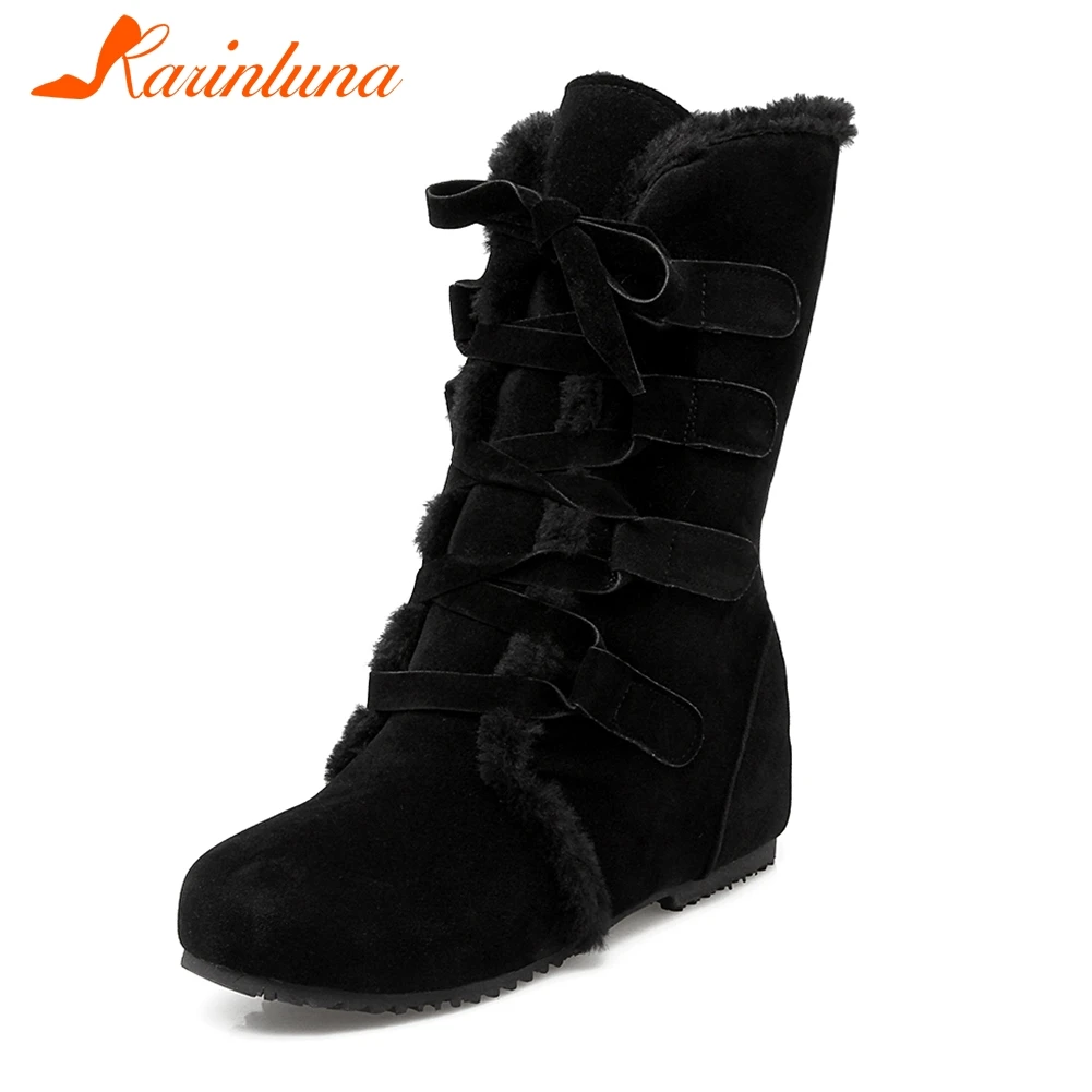 KARINLUNA/Новые однотонные черные женские ботинки, увеличивающие рост, на плоской подошве, со шнуровкой, повседневные зимние ботинки до середины икры большой размер 30-52