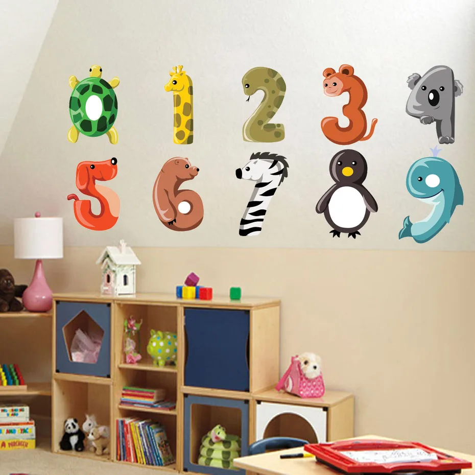 Cartoon Animal Numbers Fabric Color Wall Stickers For Kids Rooms Nursery Wall Art Decor Waterproof Wallpaper Home Decoration