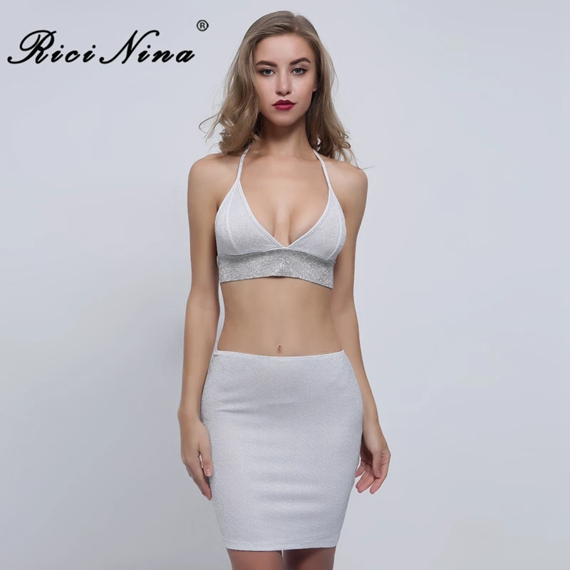 

RICININA 2019 Two Pieces Set Women Spaghetti Strap Diamonds Sexy Crop Tops Solid Skirt Set Ladies Slim Casual Two Pieces