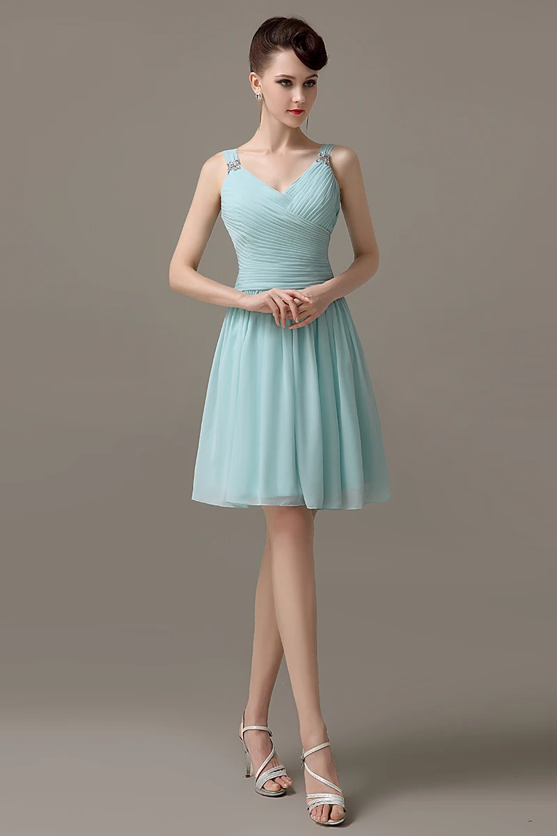 Light blue knee length Chiffon zipper up Simple Pleats bridesmaid dress