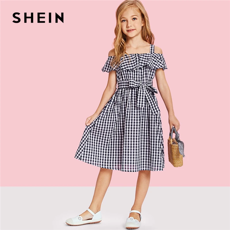 SHEIN Kiddie Flounce Cold Shoulder Gingham Dresses With Belt Mother