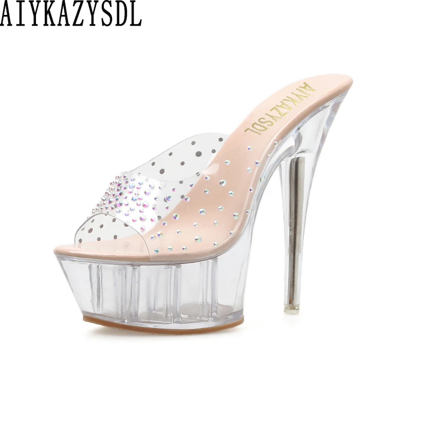 

AIYKAZYSDL Women Crystal Clear Sandals Mule Slide Platform Rhinestone Transparent Ultra Very High Heel Fetish Shoes Plus Size 41