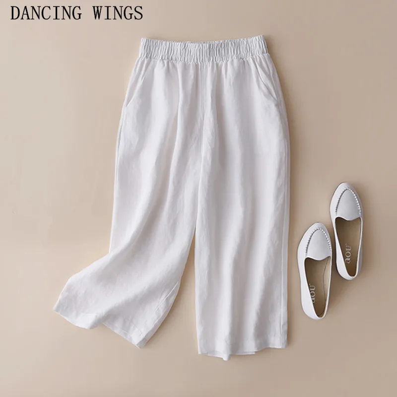 

High Quality Women Plus Size Capris Pants Elastic Waist Cotton Linen Loose Casual Wide Leg Pants Summer