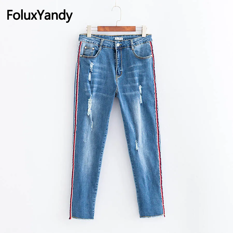 

High Street Hole Jeans Ankle-length Women Stretched Striped Denim Pencil Pants Plus Size 3XL 4XL Ripped Jean Blue KKFY2431