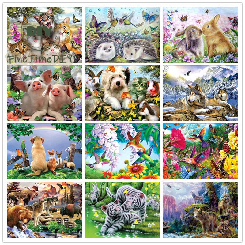 

FineTime 5D DIY round diamond embroidery animal family cat and dog pattern embroidery cross stitch round diamond mosaic painting