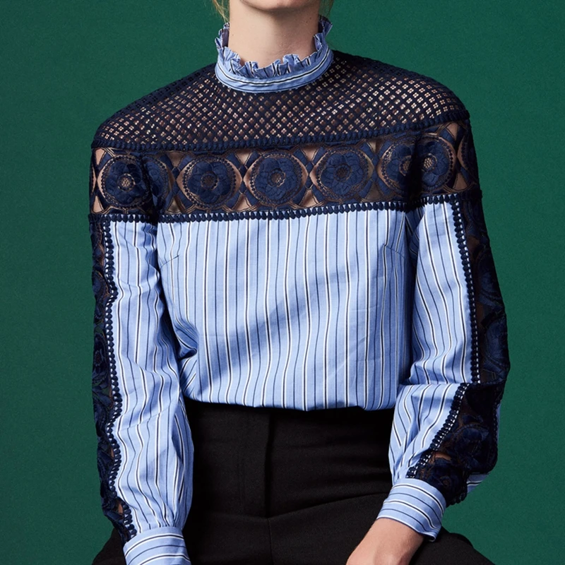 

Office Women Cotton Shirts Designer Long Sleeve Female Lace Patchwork Blouses
