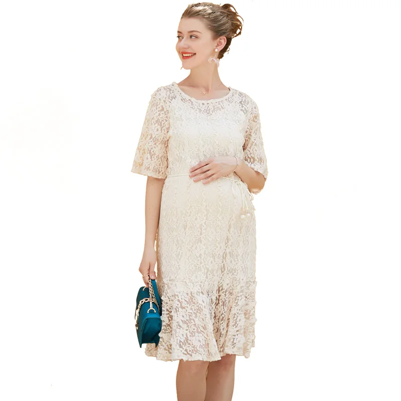 Europe New 2018 Summer Pregnant Women Fashion Loose O Neck Short Sleeve Hollow Out Lace Dress 2 Piece Set Maternity Clothes Hot Europe New 2018 Summer Pregnant Women Fashion Loose O Neck Short Sleeve Hollow Out Lace Dress 2 Piece Set Maternity Clothes Hot