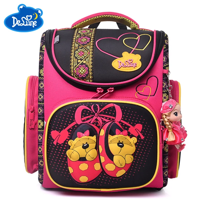 

Delune 2018 New design Orthopedic Girls School Bag Factory price Princess Cartoon 3D Bear Waterproof Backpacks for Children