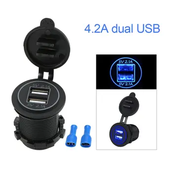 

Dual 2 USB Outlet 2.1A Port Socket Charger Power Adapter for Car Boat Motorcycle Blue LED Backlight