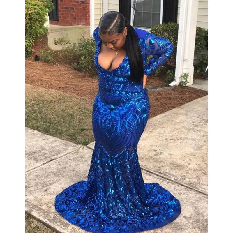 royal blue long sleeve mermaid prom dress
