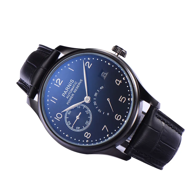 Parnis 43 مللي متر ساعات آلية الرجال 2018 التقويم للماء التلقائي الذاتي الرياح ووتش الأسود الفضة
