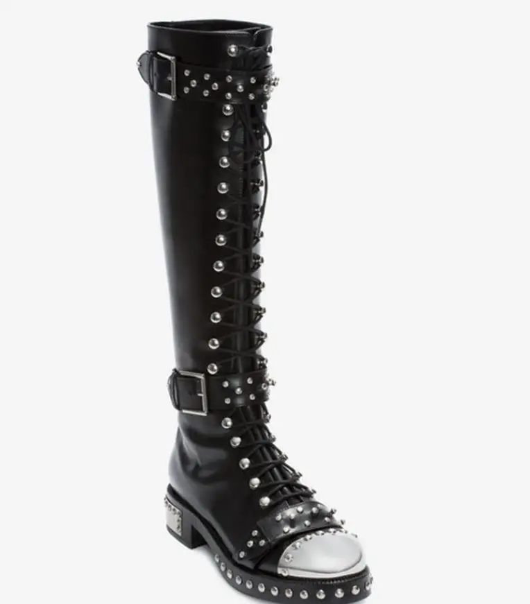 

Autumn and winter new European and American leather thick bottom tube rivet thick and round head tether boots