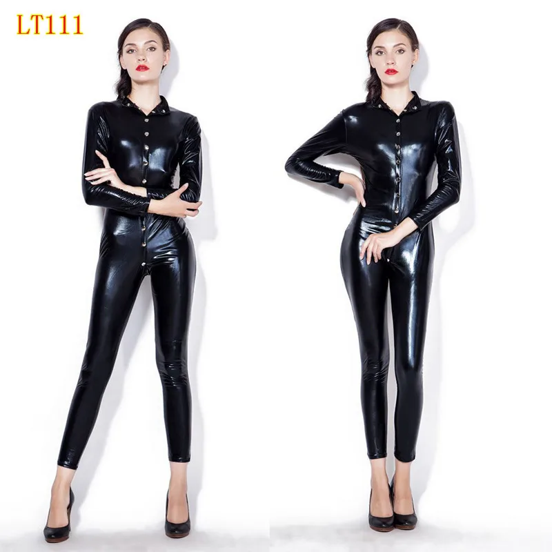 Ladies Black Sexy Latex Wetlook Catsuit Faux Leather Bodysuit Bodycon Leotard Women's Clothing PU Jumpsuit PVC DS Clubwear