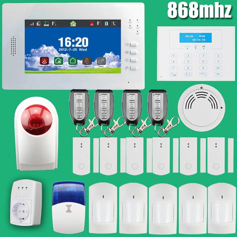 

Customized Smart home security FSK 868MHZ GSM PSTN alarm system with smoke sensor,smart socket,LCD keyboard,strobe siren