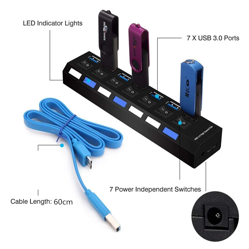 USB 3 0 Hub High Speed 5Gbps 7 Port USB Hub 3 0 Splitter On Off 3