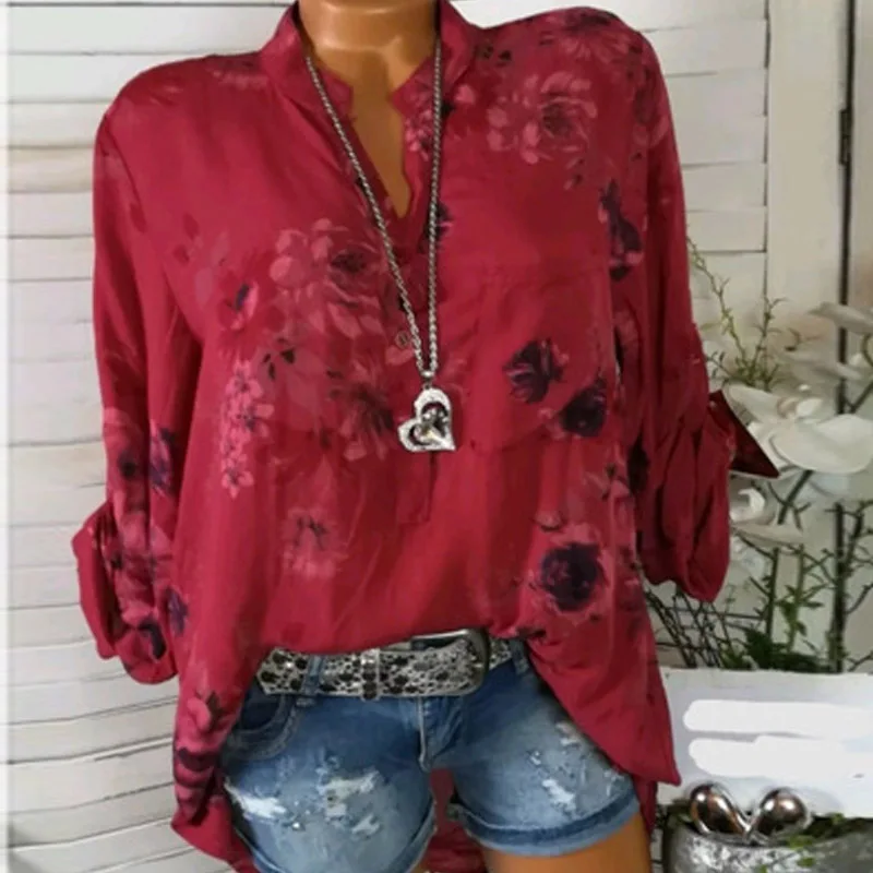 Женская шифоновая блузка с цветочным принтом, рубашка с длинным рукавом и v-образным вырезом, женские топы с принтом, свободные блузки с карманами, Harajuku - Цвет: Red