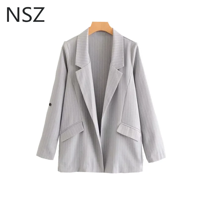 NSZ женский серый полосатый блейзер с закатанными рукавами Повседневная куртка декоративные карманы пальто Верхняя одежда
