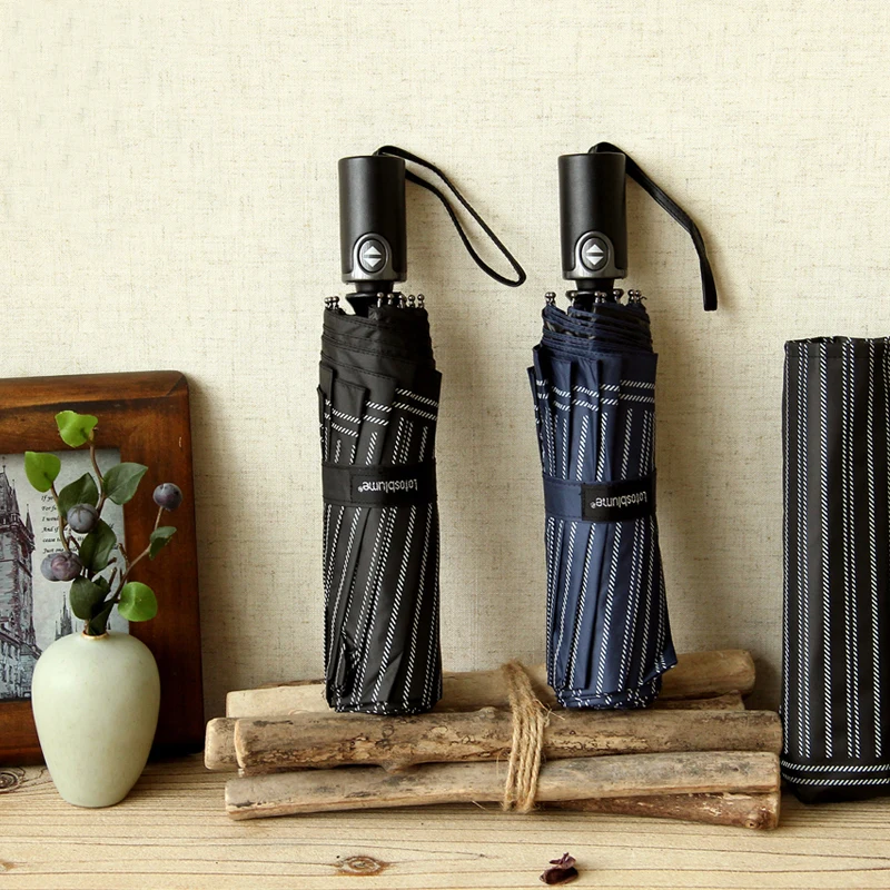 10 Ribs Automatic Stripe Men's Black Coating Umbrella Plastic Leather