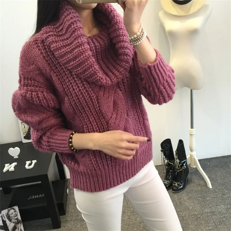 Осенне-зимний пуловер, корейский однотонный джемпер, большой свитер с отворотом, Женская куртка, свитера, одежда, vestidos MMY276