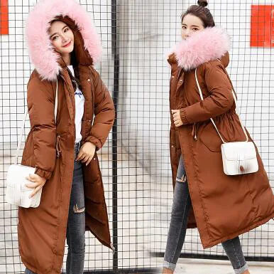 Caramel Pink collar Женские парки mujer парки из хлопка на пуху, зимняя куртка, утолщенная теплая длинная куртка с капюшоном, верхняя одежда, большие размеры 3XL - Цвет: Caramel Pink collar