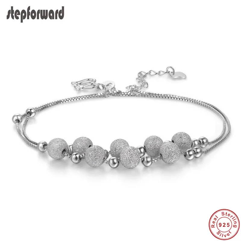 

925 Sterling Silver Anklet Korean Style Simple Frosted Beaded Pendant Anklet Girl Chain Bangle For Women