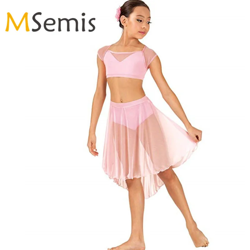

Kids Girls Ballet Dress Gymnastics Swimsuit For Dancing Crop Top with Mesh Skirt Splice Cap Sleeves Ballet Dance Outfit Set