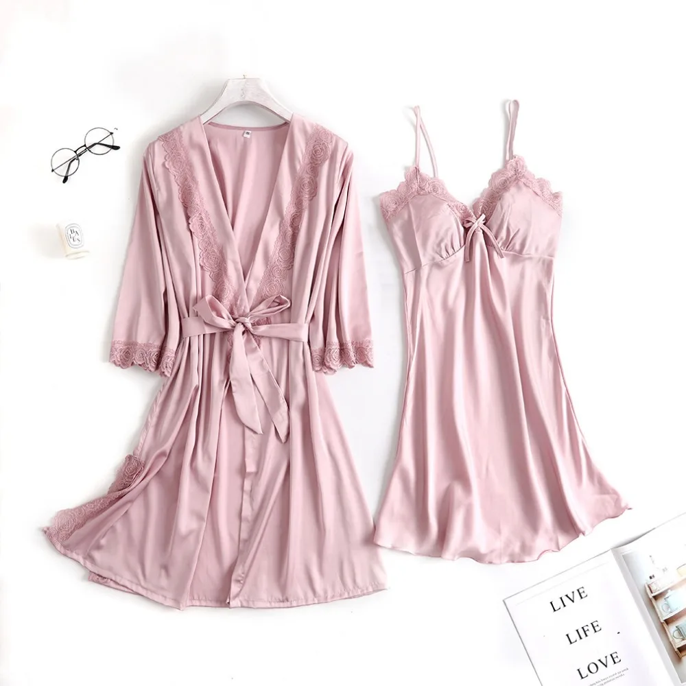 Осень Для женщин наборы ночных рубашек из 2 предметов ночной халат с груди площадку Женский атласная кимоно Ванна платье пижамы розовый