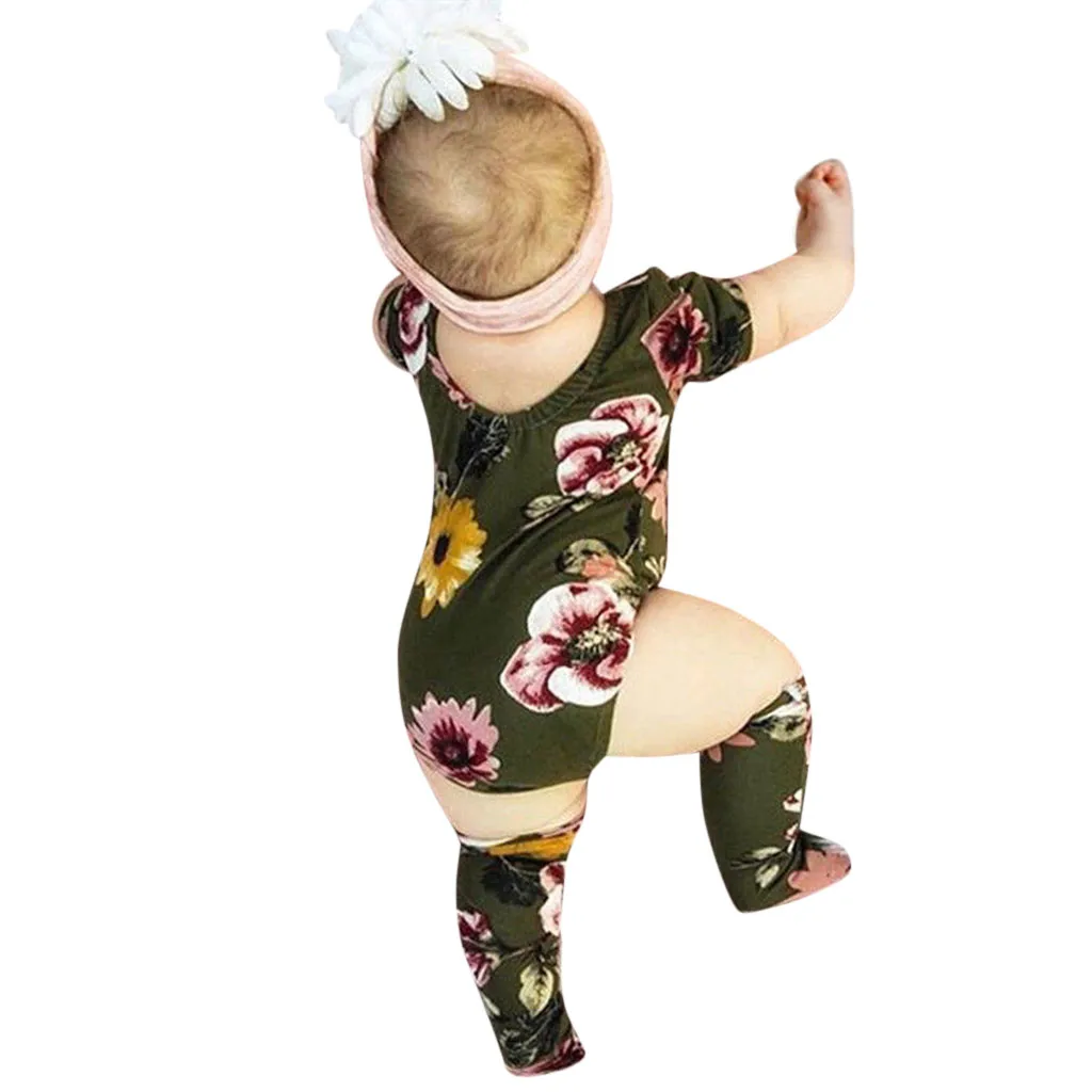 Костюм для новорожденных девочек, хлопковый комплект из 3 предметов для маленьких девочек с цветочным принтом+ чулки, боди для новорожденных, одежда для детей 0-18 месяцев, детская одежда,#06