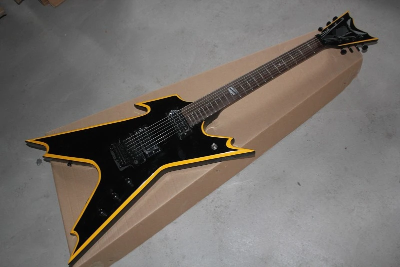 

Chinese factory custom RAZORBACK 7 strings black electric guitar with tremolo bridge,yellow binding.can be customized