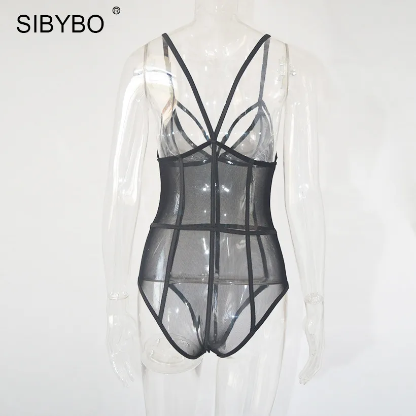 SIBYBO, сексуальный сетчатый боди, женские топы, черный, глубокий v-образный вырез, без рукавов, элегантный, тонкий, кружева, бодикон, боди, комбинезоны, женский комбинезон
