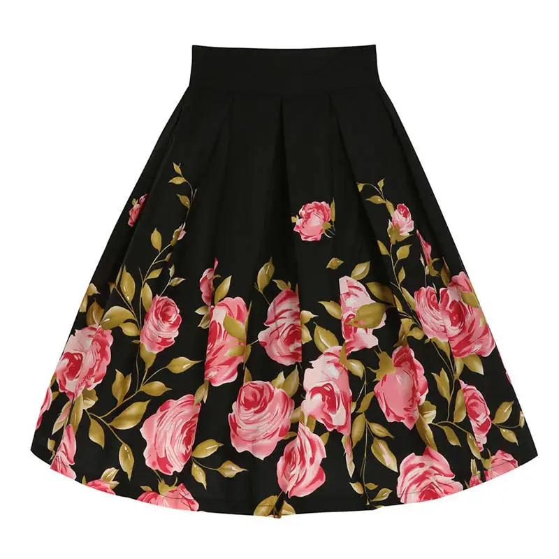 

Retro Vintage Swing Skirts for Women Summer Ladies Floral Printing Flared Skirt Rose Floral Printed High Waist Short Midi Skirt