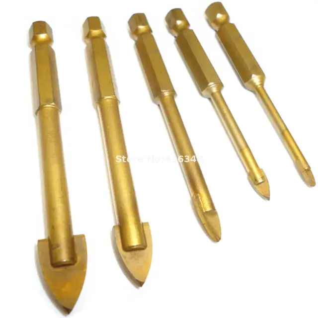 5pcs Titanium Coated Glass Drill Bit Set 3mm 4mm 6mm 8mm 10mm Hex Shank