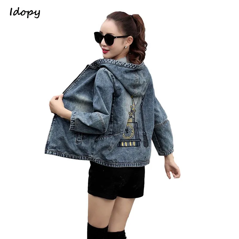 

Idopy Autumn Women's Harajuku Denim Jacket Coat With Hood Embroidery England Style Jeans Jackets Students Basic Coats Outfits