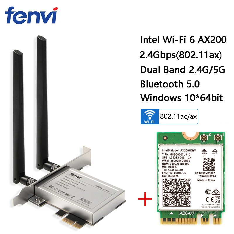

Desktop Wireless Dual Band 2400Mbps Bluetooth 5.0 NGFF M.2 Wifi Adapter For Intel AX200 Wi-Fi Card 802.11ac/ax Windows 10