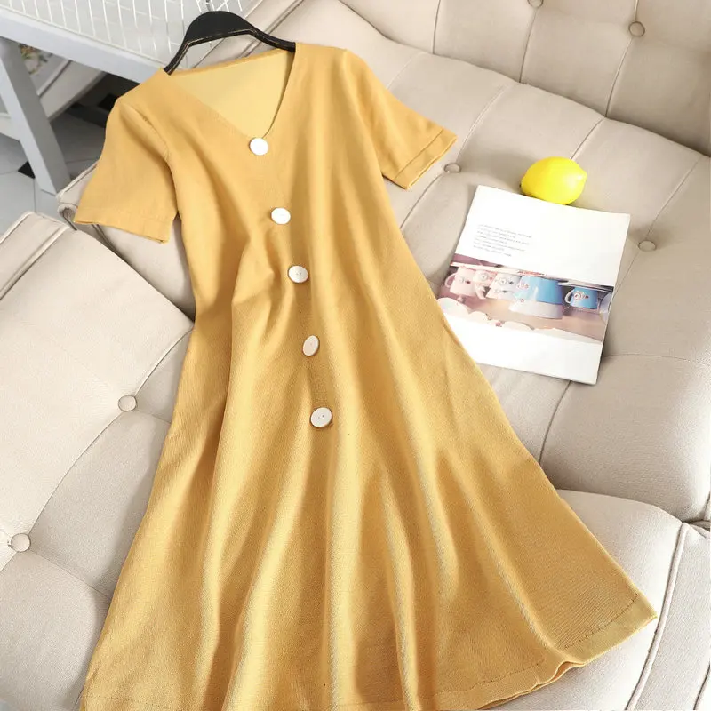 Women Dress Элегантное женское летнее осеннее трикотажное платье трапециевидной формы с v-образным вырезом и коротким рукавом, повседневное эластичное тонкое высокая посадка на пуговице, пуловер средней длины - Цвет: Women Dress