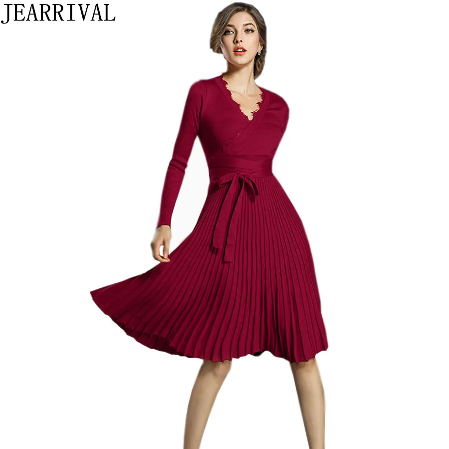 Fashion Winter Dress 2017 New Women Elegant Long Sleeve Sexy Lace V Neck Pleated Casual Sweater